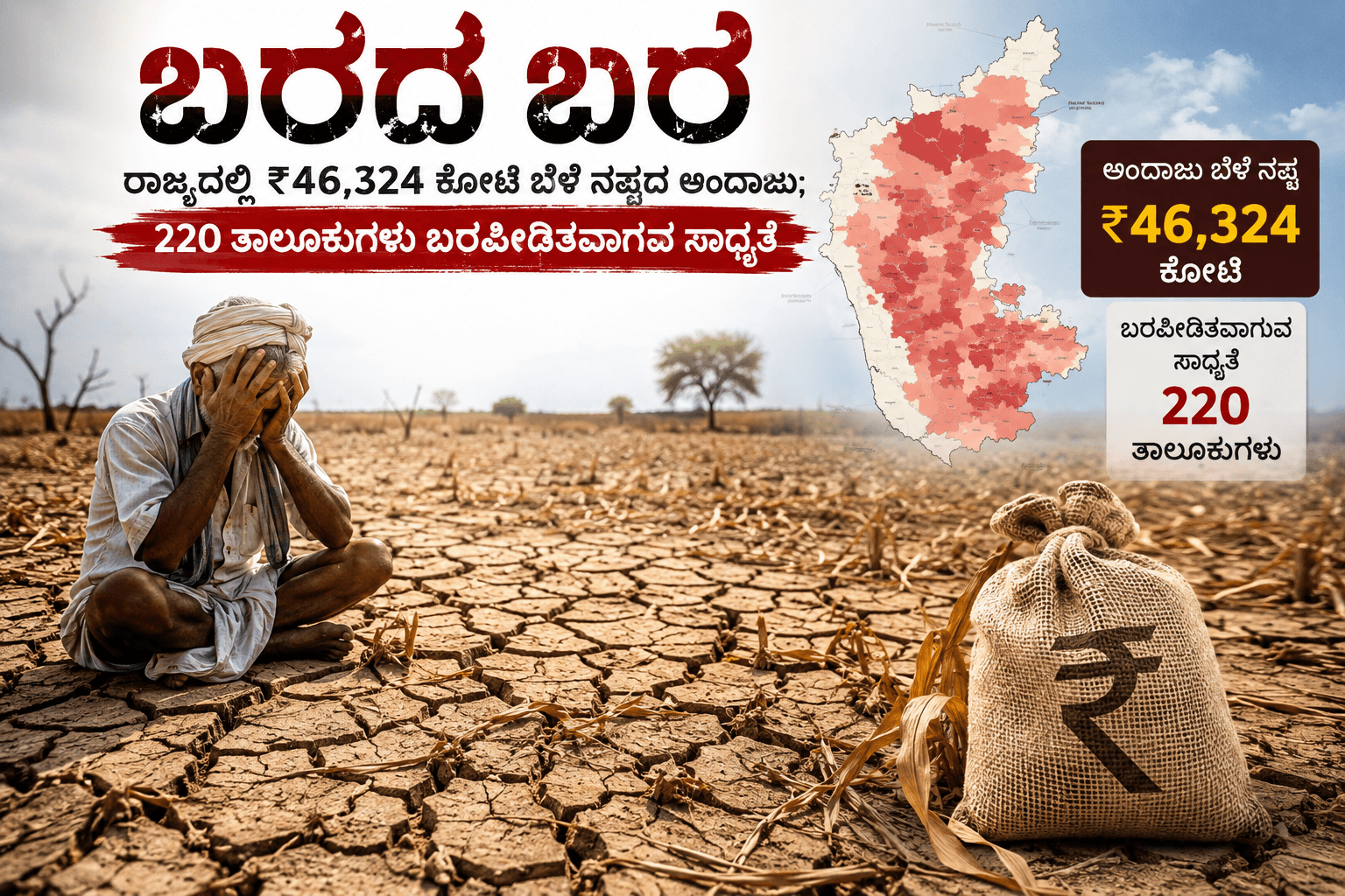 ಬರದ ಬರೆ: ರಾಜ್ಯದಲ್ಲಿ ₹46,324 ಕೋಟಿ ಬೆಳೆ ನಷ್ಟದ ಅಂದಾಜು; 220 ತಾಲೂಕುಗಳು ಬರಪೀಡಿತವಾಗುವ ಸಾಧ್ಯತೆ.